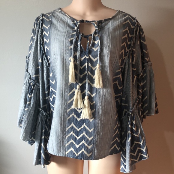 Vintage Havana Tops - Vintage Havana Blue & Cream Wide Sleeve Boho Top